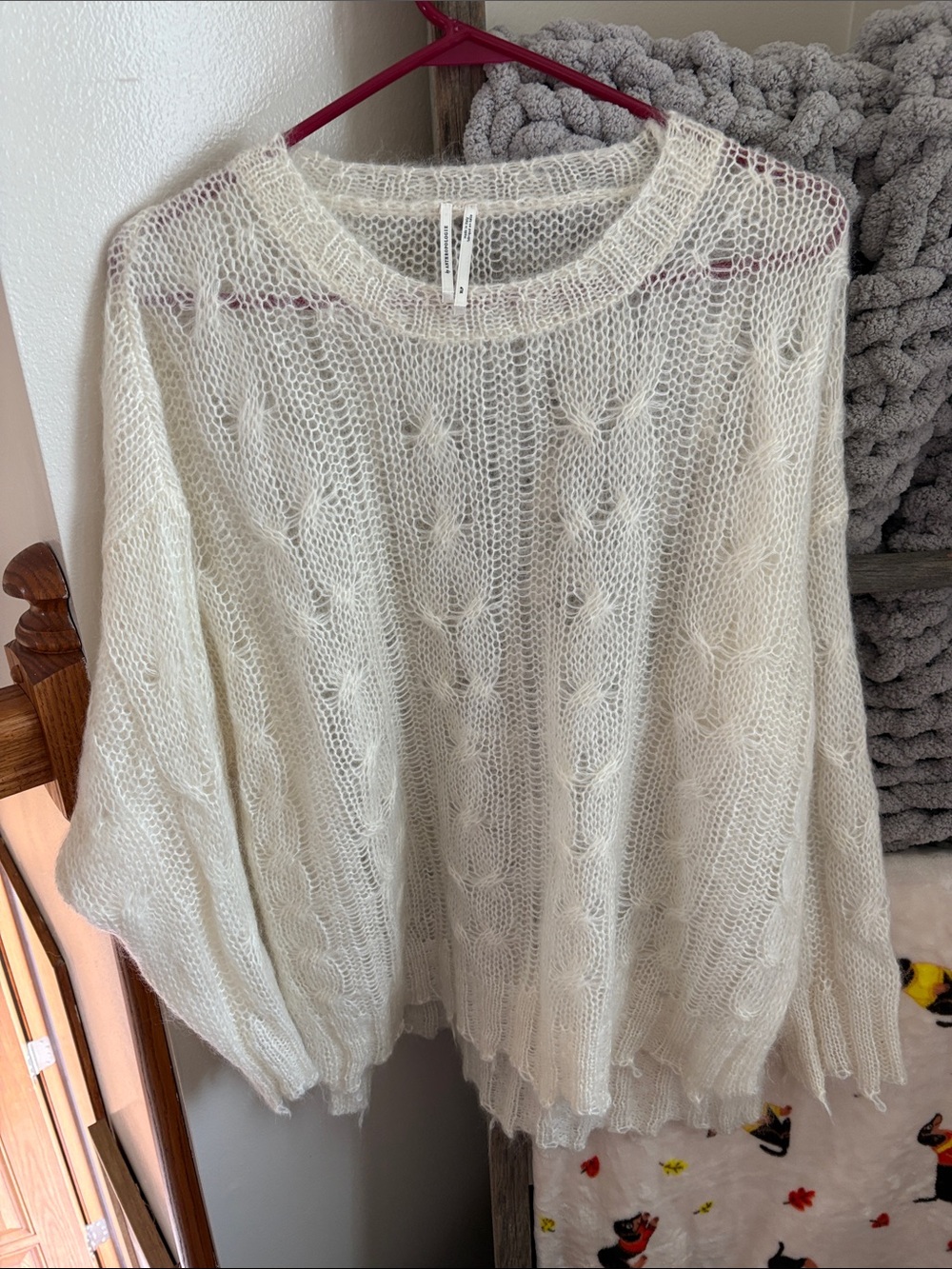 Anthropologie Soft Cream Open-Knit Cable Crew Sweater